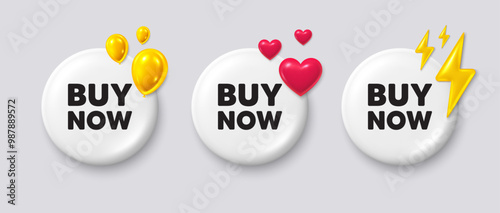 Buy Now tag. White buttons with 3d icons. Special offer price sign. Advertising Discounts symbol. Buy now button message. Banner badge with balloons, energy, heart. Social media icons. Vector
