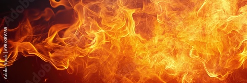 Fire on black background. Yellow and orange flame, fiery background