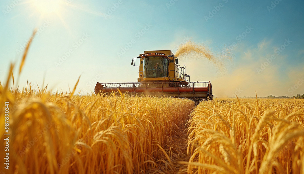 Obraz premium Combine harvester efficiently working in a sun-soaked rice field during harvest season.