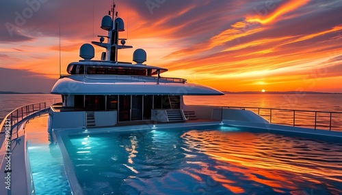 Lavish yacht with a pool on deck illuminated by a stunning sunset, surrounded by sparkling waters and a vibrant orange and pink sky photo