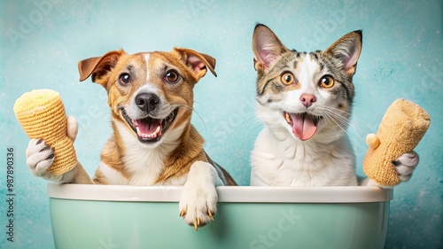The character of cute cat and dog in the bathroom. Illustration about dog and cat grooming for content, graphic, greeting card, baby shower