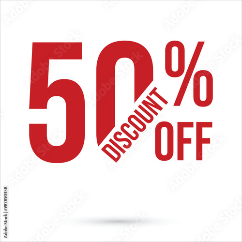 50% OFF red label or promotional tag vector illustration isolated on white background, circular round shopping Tag, sticker discount offer, sale, price reduction, special offer deal ,badge template 