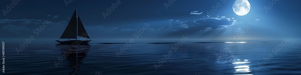 A serene night with a sailing boat gliding on moonlit waters, creating a captivating reflection in an abstract, romantic atmosphere A serene night with a sailing boat gliding on moonlit waters, creating a captivating reflection in an abstract, romantic atmosphere
