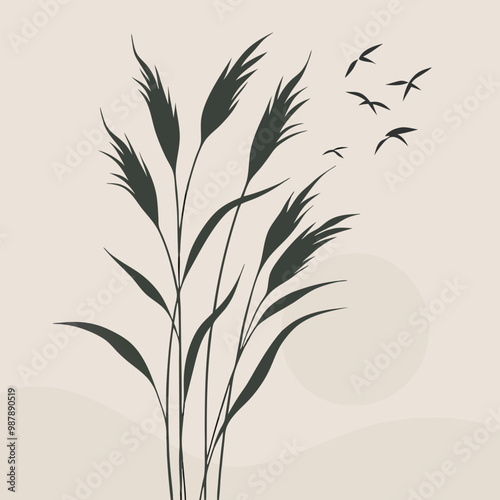 a black and white silhouette of a plant with long, slender leaves. The plant appears to be tall and slender, with a few birds flying around it 