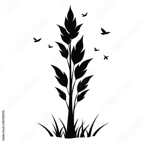 a black and white silhouette of a plant with long, slender leaves. The plant appears to be tall and slender, with a few birds flying around it 