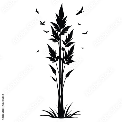 a black and white silhouette of a plant with long, slender leaves. The plant appears to be tall and slender, with a few birds flying around it 