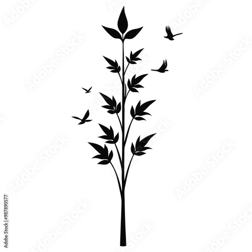 a black and white silhouette of a plant with long, slender leaves. The plant appears to be tall and slender, with a few birds flying around it 