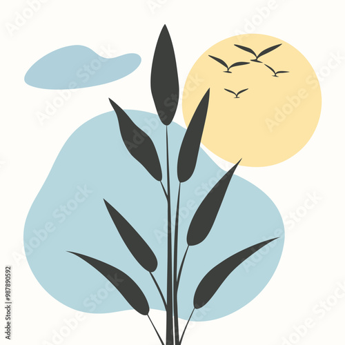a black and white silhouette of a plant with long, slender leaves. The plant appears to be tall and slender, with a few birds flying around it 