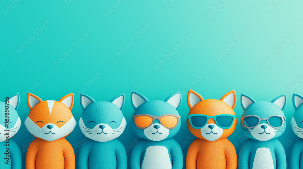 A row of cartoon cats wearing sunglasses against a blue background. A row of cartoon cats wearing sunglasses against a blue background.