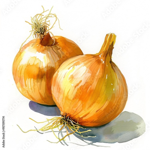 Watercolor painting of two yellow onions on a white background.