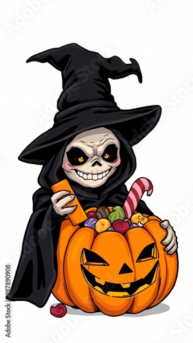 A playful skeleton wearing a witch hat is joyfully holding a pumpkin filled with colorful candies during the Halloween celebration