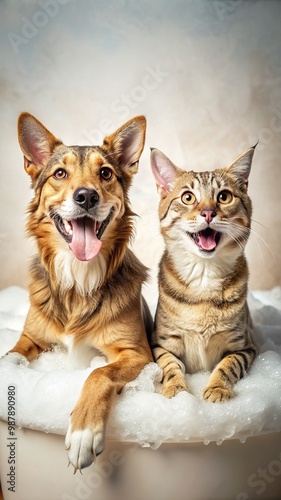 The character of cute cat and dog in the bathroom. Illustration about dog and cat grooming for content, graphic, greeting card, baby shower