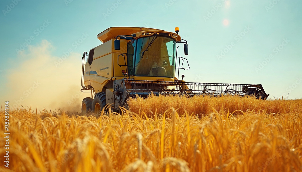 Obraz premium Combine harvester efficiently working in a sun-soaked rice field during harvest season.
