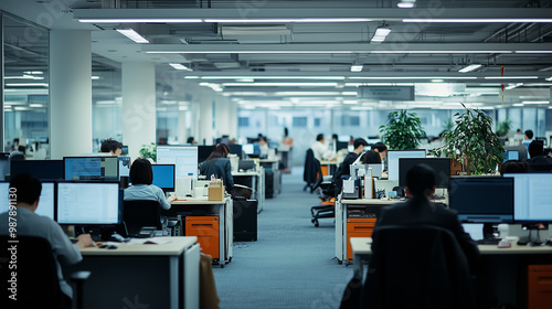 a bustling corporate office environment, viewed across a large, open floor plan. Numerous employees are seated at their desks, deeply focused on their computer screens, indicative of a typical busy wo