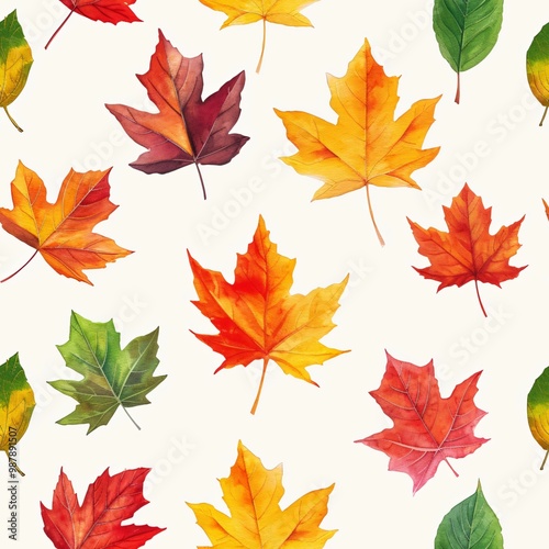 Watercolor seamless pattern of colorful autumn leaves isolated on white background.