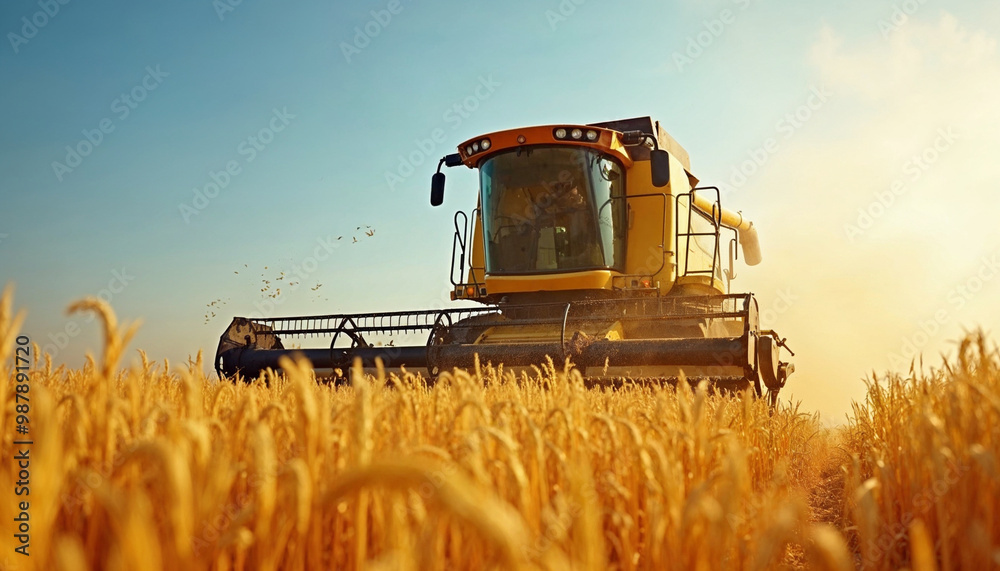Fototapeta premium Combine harvester efficiently working in a sun-soaked rice field during harvest season.