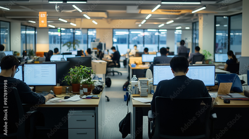 a bustling corporate office environment, viewed across a large, open floor plan. Numerous employees are seated at their desks, deeply focused on their computer screens, indicative of a typical busy wo