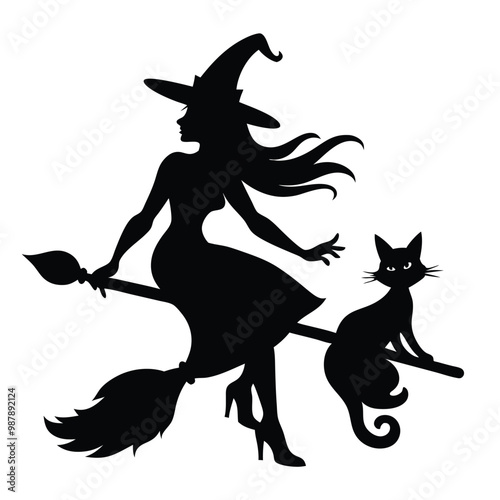 black silhouette of a witch flying on a broomstick. The witch is wearing a pointed hat and is holding a black cat on the broomstick in her left hand, vector silhouette