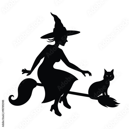 black silhouette of a witch flying on a broomstick. The witch is wearing a pointed hat and is holding a black cat on the broomstick in her left hand, vector silhouette