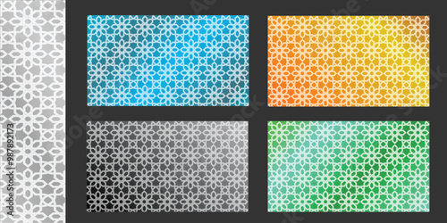 Set of vibrant geometric backgrounds with intricate white pattern overlaying gradient color schemes, perfect for Islamic themes, Ramadan, Eid al-Fitr, Eid al-Adha, and other religious events. Editable