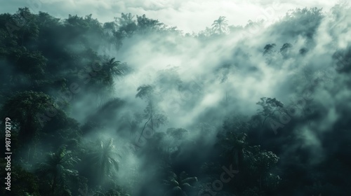 A dense forest with foggy mist surrounding the trees. The mist creates a mysterious and eerie atmosphere, making the forest appear almost otherworldly. The trees are tall and lush, with their leaves