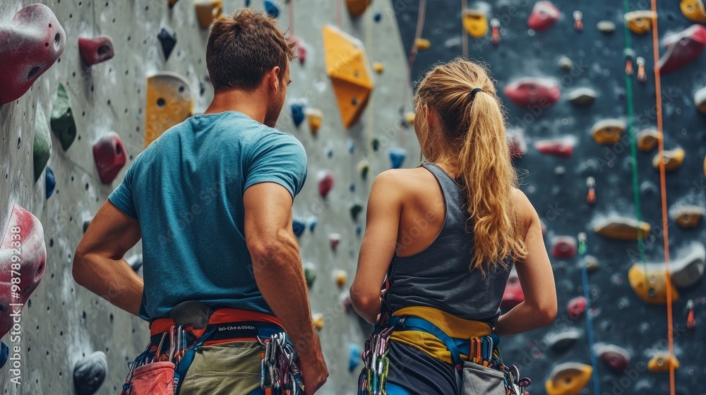 Obraz premium view from behind of a male instructor instructing a female wall climber. At an indoor climbing center, a woman is learning the skill of rock climbing.