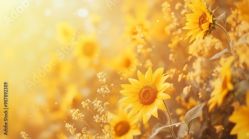Fototapeta Naklejka Na Ścianę i Meble -  Several very beautiful sunflowers, on a light blurred background.