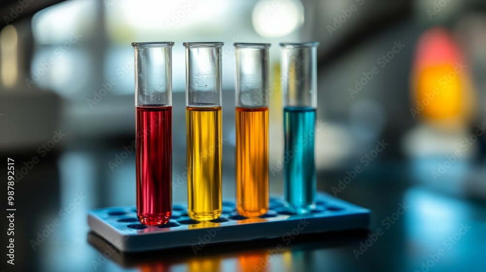 Colorful Chemistry: A close-up of four test tubes filled with vibrant red, yellow, and blue liquids, showcasing the beauty of science and the colorful world of chemical reactions. Colorful Chemistry: A close-up of four test tubes filled with vibrant red, yellow, and blue liquids, showcasing the beauty of science and the colorful world of chemical reactions.