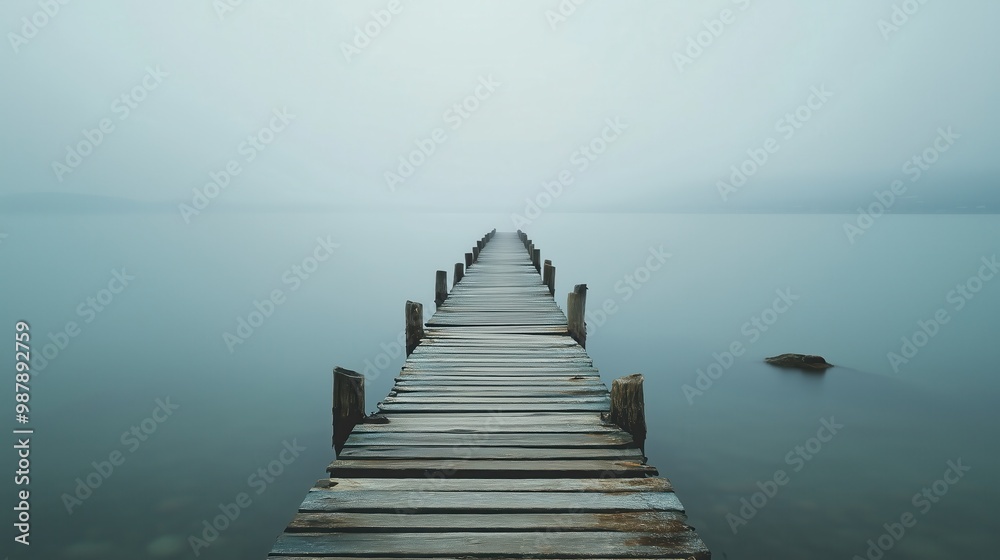 Fototapeta premium A wooden pier with a bridge leading to the water. The water is calm and the sky is overcast