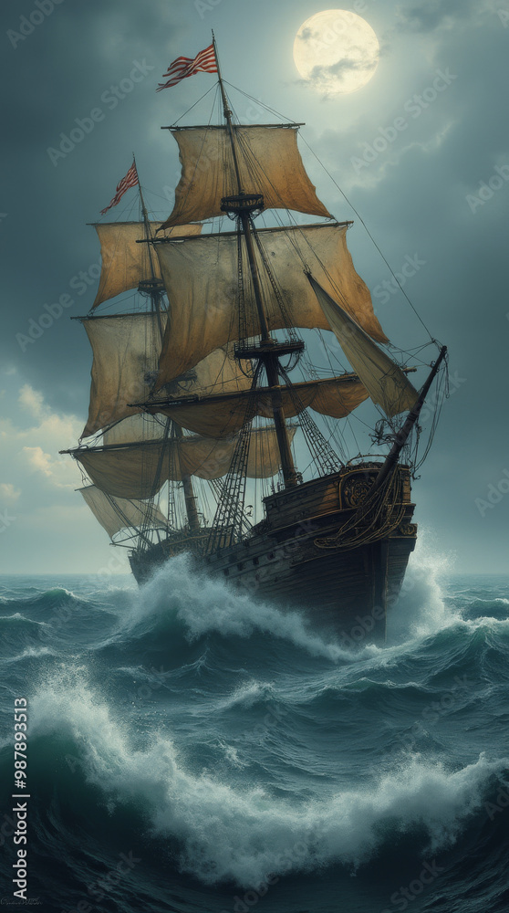 Sturm auf See mit einem alten Segelschiff unter Vollmond
Sturm auf See mit einem alten Segelschiff unter Vollmond