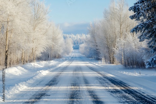 Empty asphalt road in winter with snow covered trees and blue sky. Driving scene with frost and winter wonderland landscape.