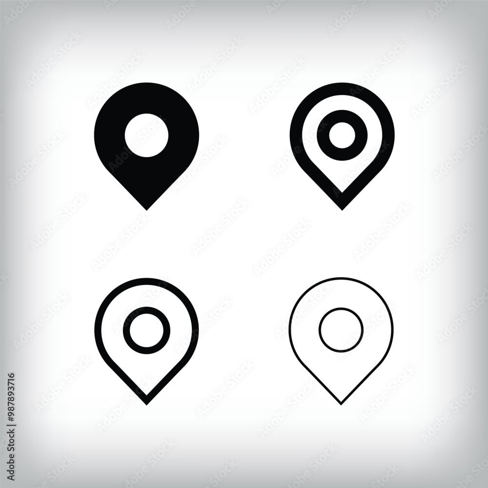 Simple location icon set. 4 Different thickness and flat pin designs. Travel and pointer icon. Simple location icon set. 4 Different thickness and flat pin designs. Travel and pointer icon.