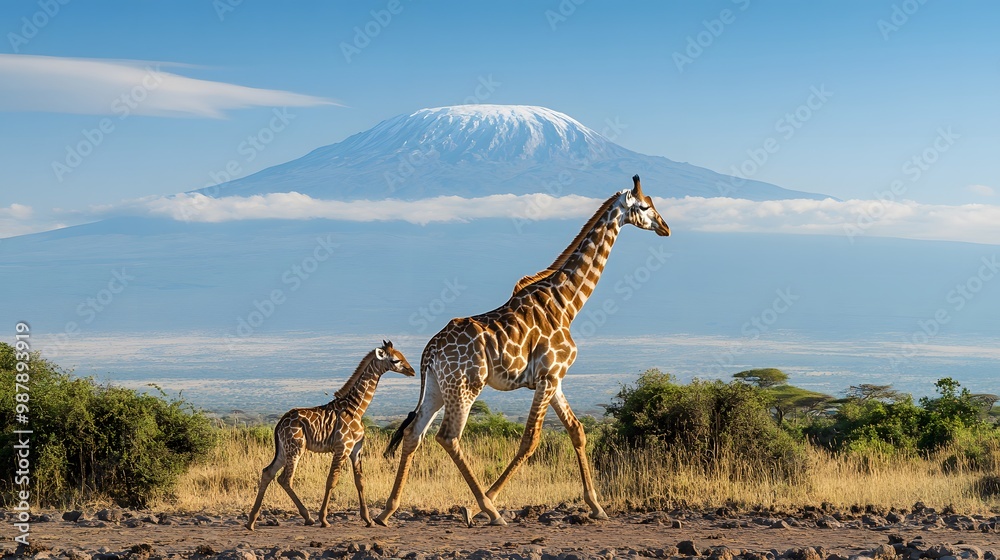 Naklejka premium Giraffes in front of Mount Kilimanjaro at Amboseli National Park, Mount Kilimanjaro with Masai giraffe in front