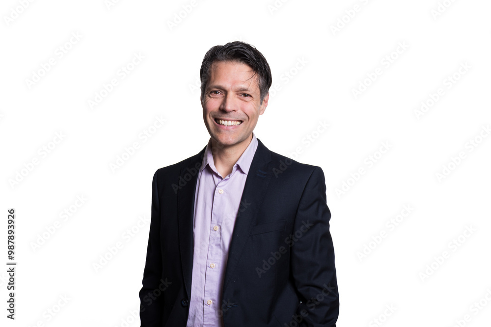 Middle-aged man smiling at the camera, on white background, wearing formal clothes. Middle-aged man smiling at the camera, on white background, wearing formal clothes.