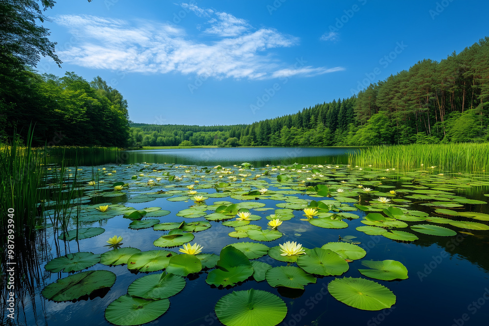 Fototapeta premium A serene lake surrounded by lush greenery, with water lilies floating on the surface and a clear blue sky above.