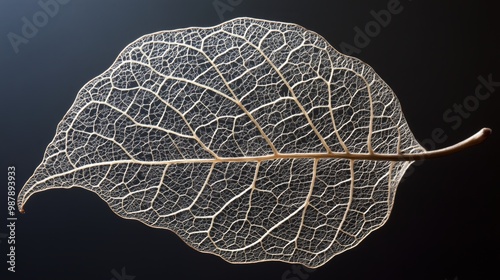 Leaf with a lot of veins is shown in a black background. The leaf is very thin and delicate, and it looks like it's made of lace. The image has a serene and peaceful mood