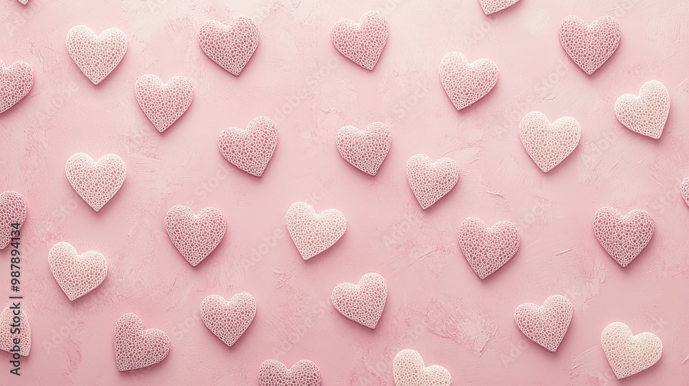 Pink background with many hearts on it. The hearts are of different sizes and colors. Concept of love and affection