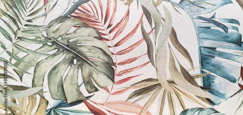 Texture of wallpaper or fabric with an ornament of colored palm leaves on a white background. Print with palm leaves ornament. Exotic background ornament. Interior design wallpaper. Fashion design.