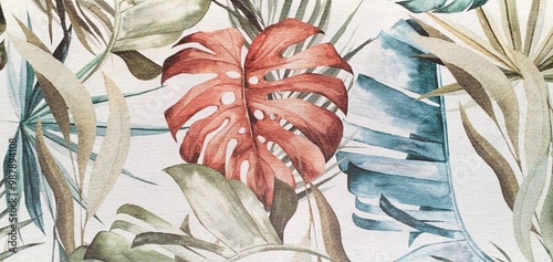 Texture of wallpaper or fabric with an ornament of colored palm leaves on a white background. Print with palm leaves ornament. Exotic background ornament. Interior design wallpaper. Fashion design.