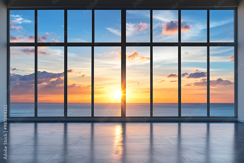 Fototapeta premium Stunning sunrise through panoramic windows overlooking the ocean
