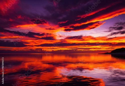 coastal outline vibrant sunset colors showcasing blazing fiery soft purples reflecting edge, beach, orange, red, water, reflection, sky, horizon