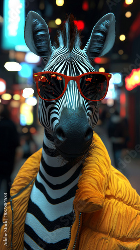 Cool zebra in a yellow jacket and red sunglasses