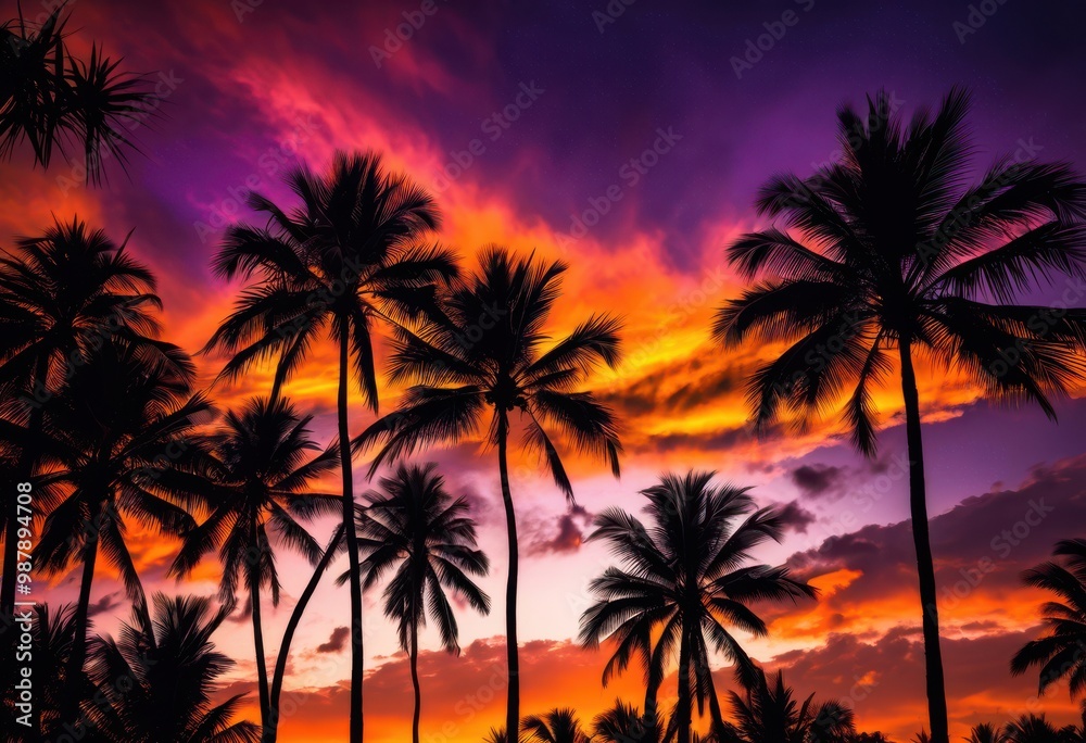 vibrant palm silhouettes stunning sunset backdrop rich colors dramatic sky, contrast, landscape, clouds, horizon, light, nature, beauty, scene, view, tree vibrant palm silhouettes stunning sunset backdrop rich colors dramatic sky, contrast, landscape, clouds, horizon, light, nature, beauty, scene, view, tree