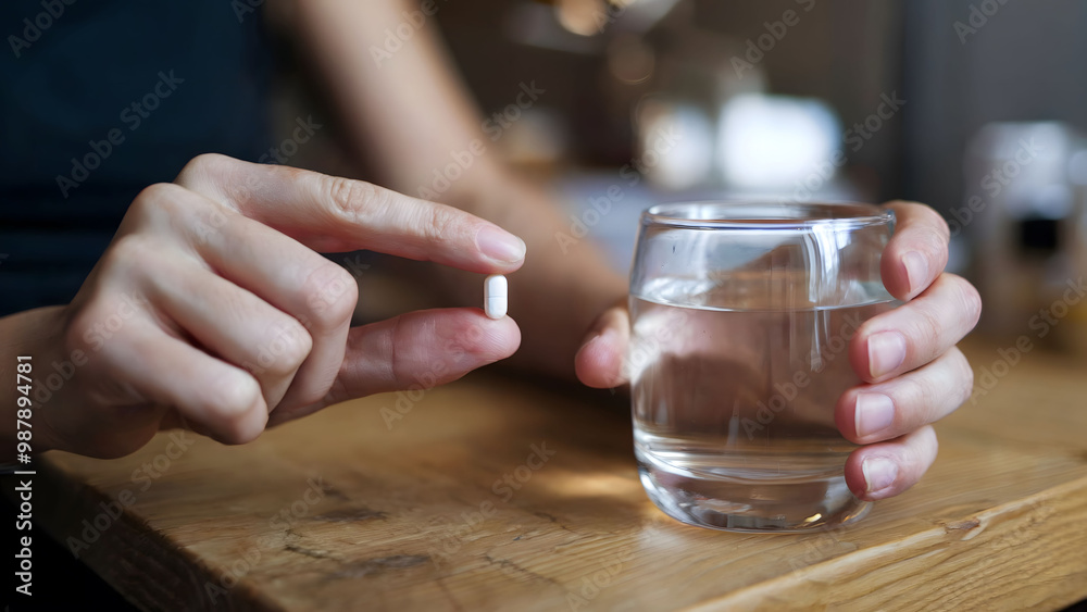 Close-up of Hands Holding a Small White Pill and a Glass of Water on a Wooden Surface Close-up of Hands Holding a Small White Pill and a Glass of Water on a Wooden Surface