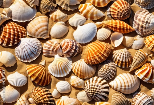 vibrant seashell collection displayed sandy shore backdrop colorful patterns textures, beach, seashells, shells, nature, coastal, marine, landscape, decor, art