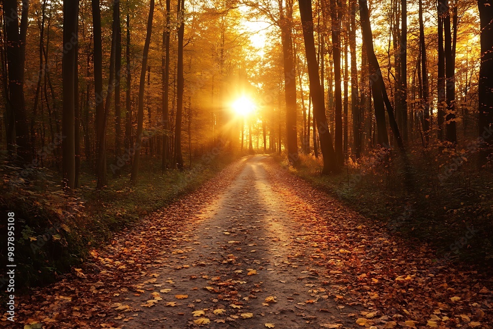 Obraz premium Golden Sunset through the Trees on a Forest Path