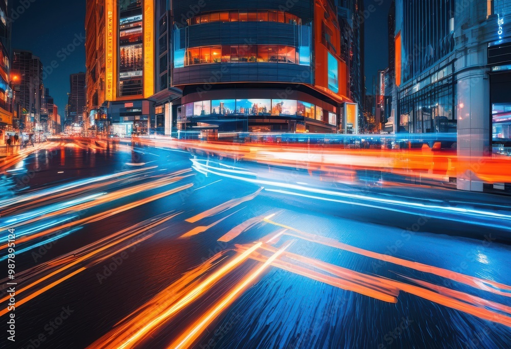 Fototapeta premium vibrant cityscape dynamic movement blur effects capturing urban energy life, architecture, skyline, buildings, streets, night, lights, atmosphere