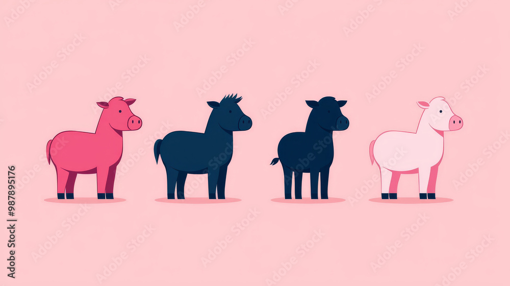 Four cartoon pigs, pink, blue, black, and white. Four cartoon pigs, pink, blue, black, and white.