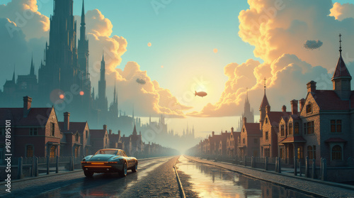 Futuristische Stadt mit klassischer Architektur und einem schwebenden Luftschiff

 photo