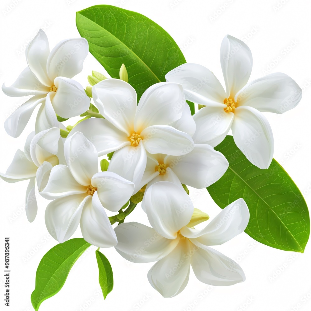 Fototapeta premium White Plumeria Flowers with Green Leaves.